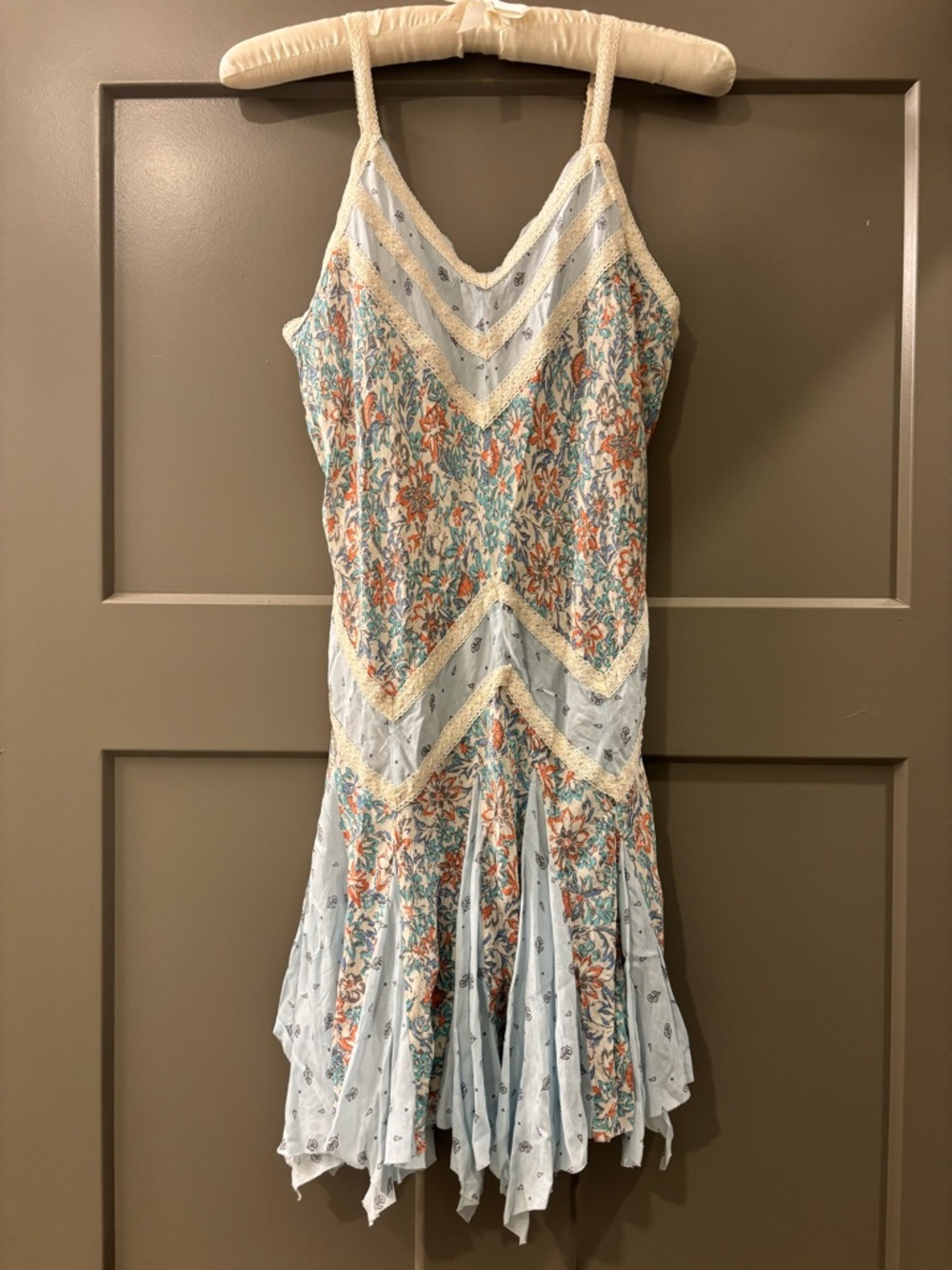 Light Blue Floral Slip Dress with Lace Trim